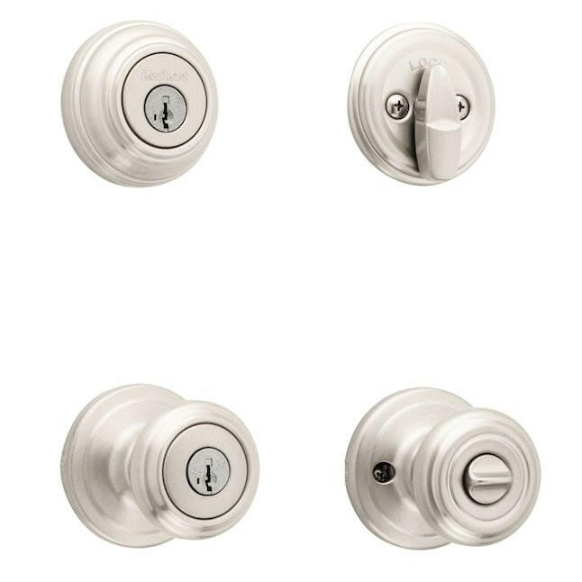 Kwikset Signatures Cameron Satin Nickel Smartkey Cerrojo de seguridad de un solo cilindro con llave Paquete combinado de perilla de puerta de entrada