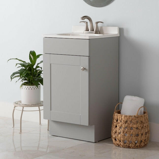 Proyecto Source - Tocador de baño gris de 18 pulgadas con lavabo simple y cubierta de mármol cultivado blanco