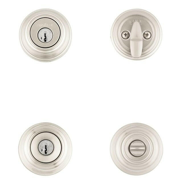 Kwikset Signatures Cameron Satin Nickel Smartkey Cerrojo de seguridad de un solo cilindro con llave Paquete combinado de perilla de puerta de entrada