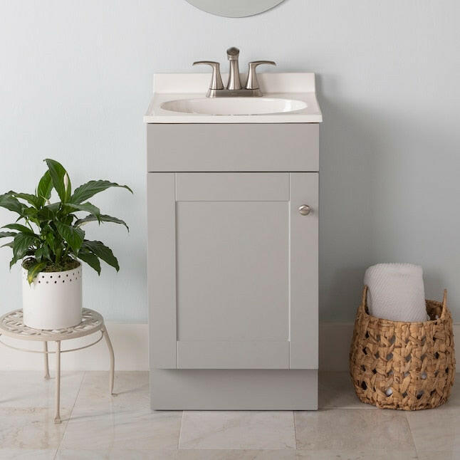 Proyecto Source - Tocador de baño gris de 18 pulgadas con lavabo simple y cubierta de mármol cultivado blanco
