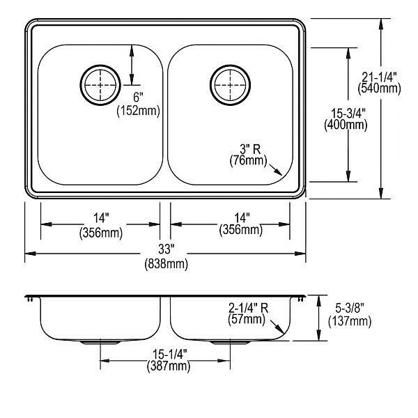 Fregadero empotrable Dayton de acero inoxidable de 33" x 21-1/4" x 5-3/8" con 4 orificios iguales y doble tazón