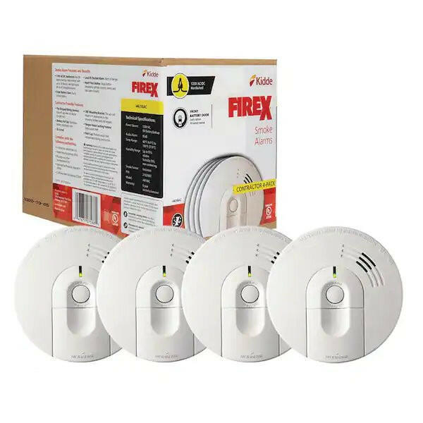 Detector de humo Kidde Firex, cableado con respaldo de batería de 9 V y puerta de batería de carga frontal, alarma de humo (paquete de 4)