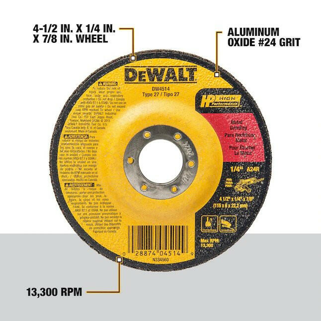 Muela abrasiva de óxido de aluminio DeWalt de 4,5 pulgadas