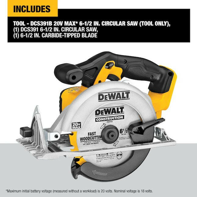 Sierra circular inalámbrica DeWalt de 20 voltios máx. de 6-1/2 pulgadas (solo herramienta)