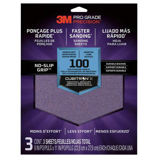 Hoja de lija de agarre antideslizante de precisión de grado profesional de 9" x 11", grano 100, paquete de 3