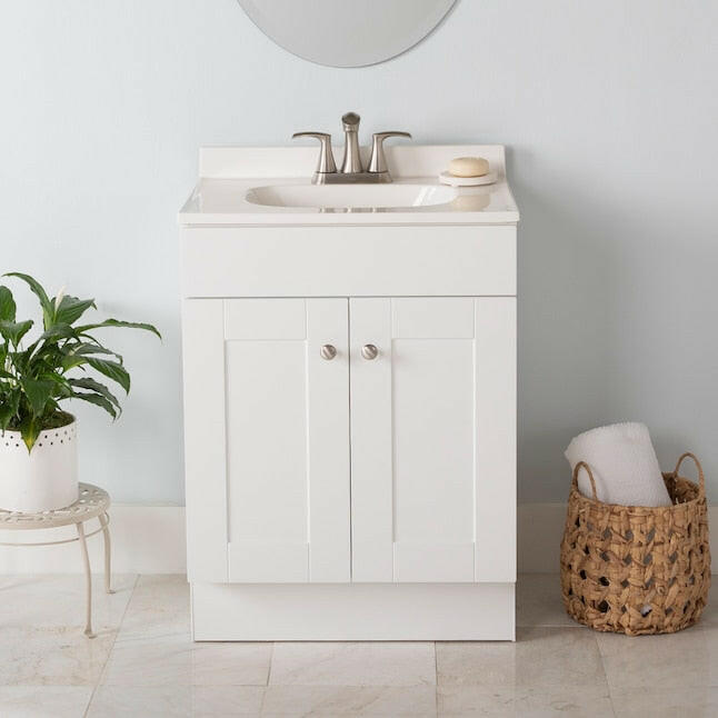 Proyecto Source - Tocador de baño blanco de 24 pulgadas con lavabo individual y cubierta de mármol cultivado blanco