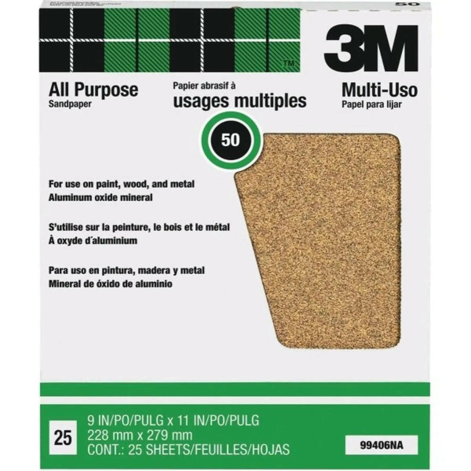 3M 9" x 11" Papel de lija multiusos 50D Alox - Paquete de 25