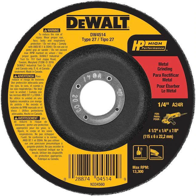Muela abrasiva de óxido de aluminio DeWalt de 4,5 pulgadas