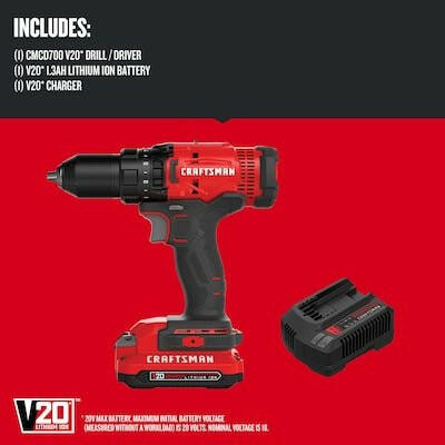 Taladro inalámbrico Craftsman V20 de 20 voltios máx. de 1/2 pulgada (1 batería de iones de litio incluida y cargador incluido)