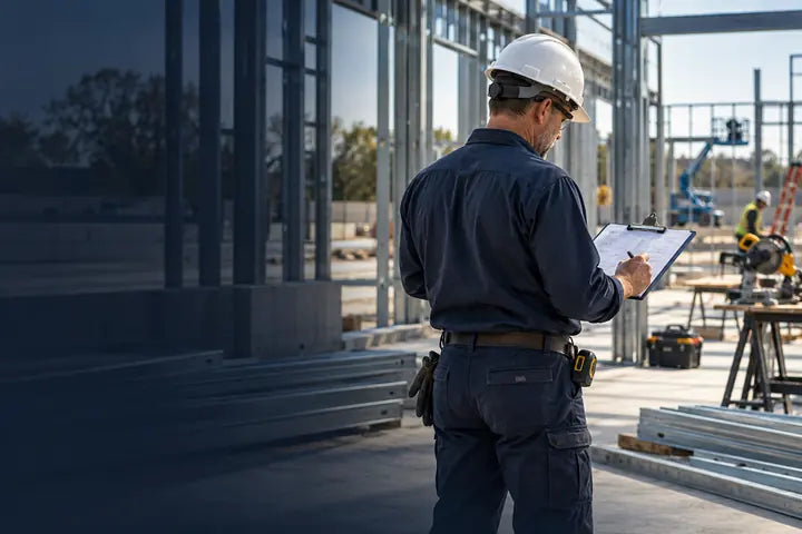 A contractor reviewing plans at a building site for project planning inspiration